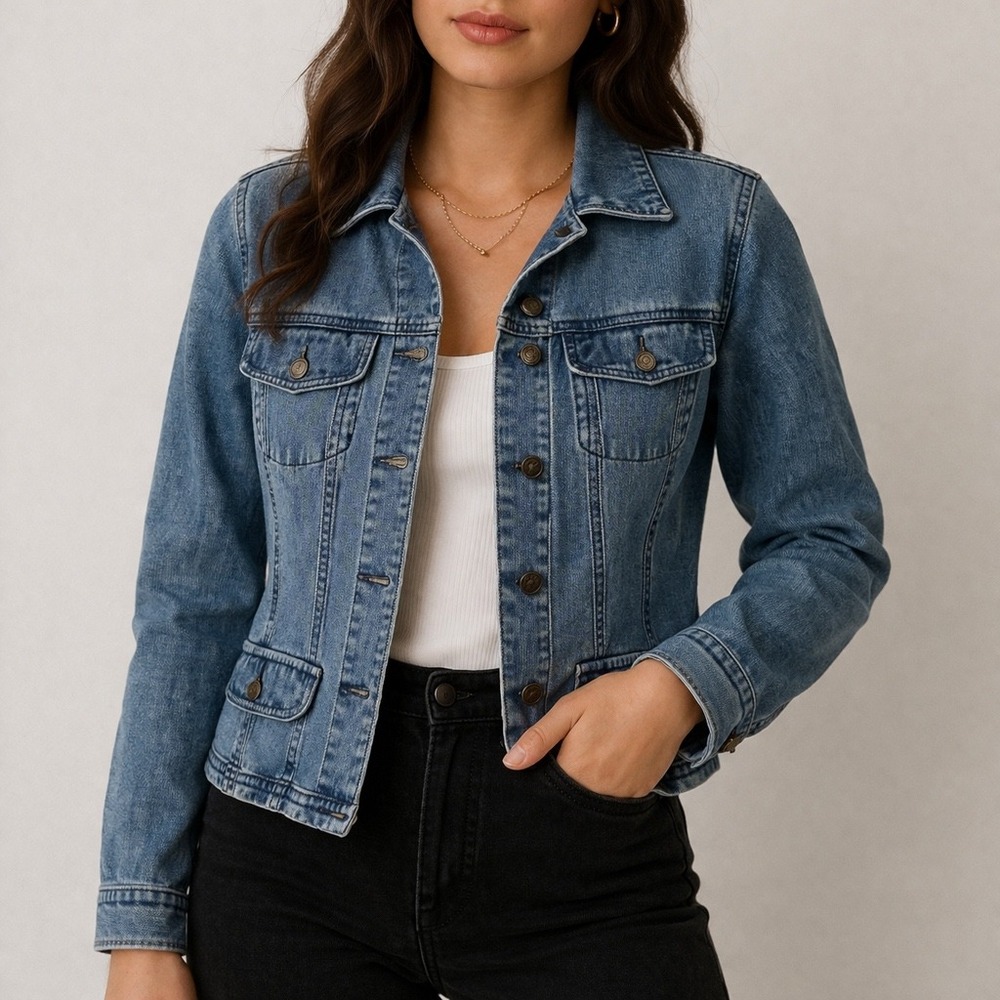 Real Comfort Tailored Womens Medium Wash‎ Denim Jacket Blue Size 4P Cotton